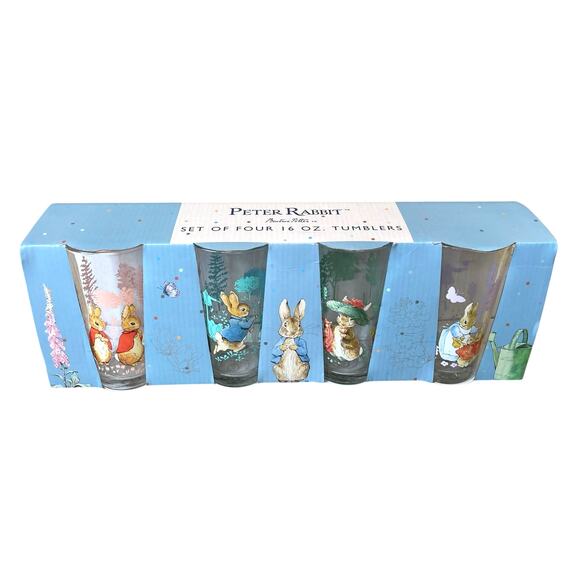 Beatrix Potter Peter Rabbit Glass Tumblers 16oz Set of 4 Spring Floral NEW - Picture 9 of 15